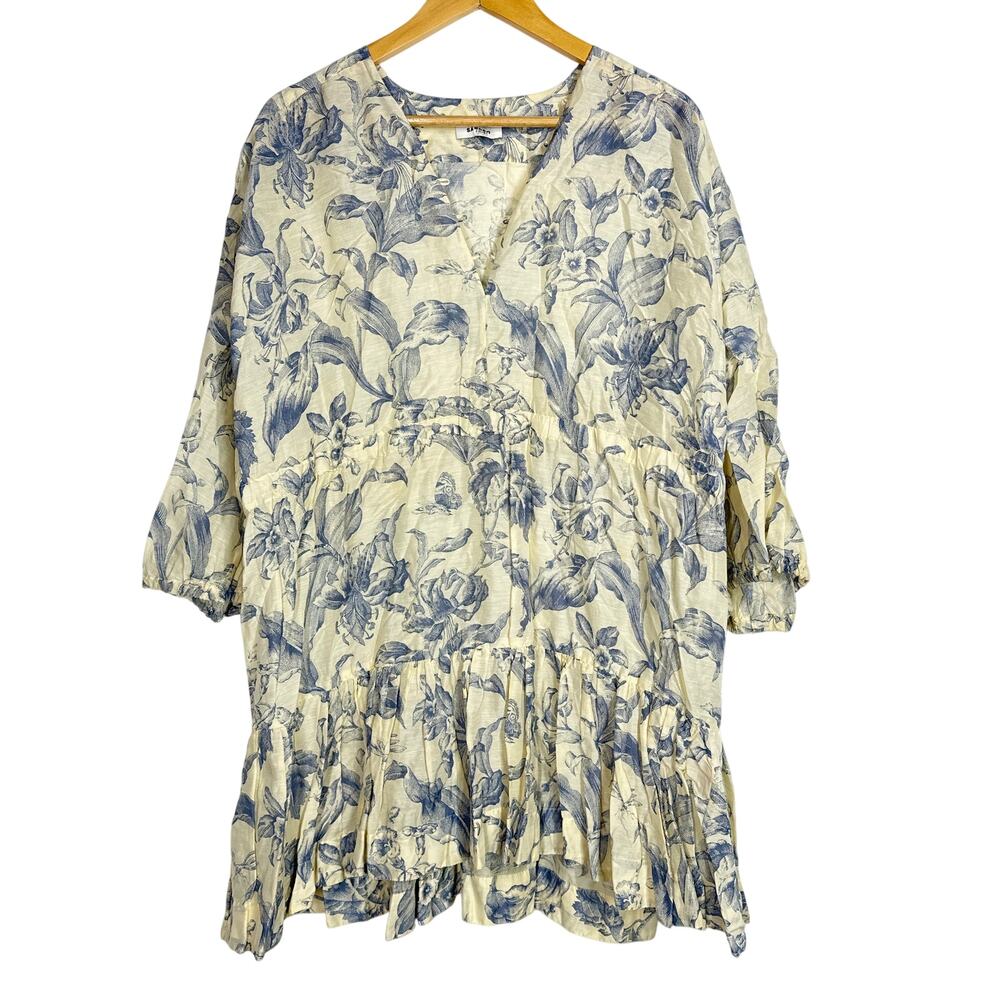 Sandro Josella Dress Linen Blend Floral Puff Sleeve Mini Ecru Blue FR 40 US 8 - Picture 3 of 10